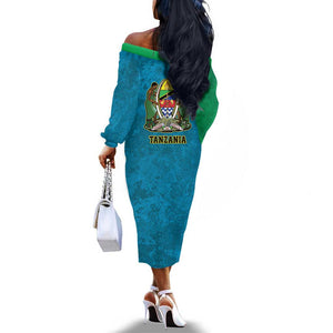 African Volcano Kilimanjaro Tanzania Off The Shoulder Long Sleeve Dress Grunge Flag Map of Tanzania - African Pride