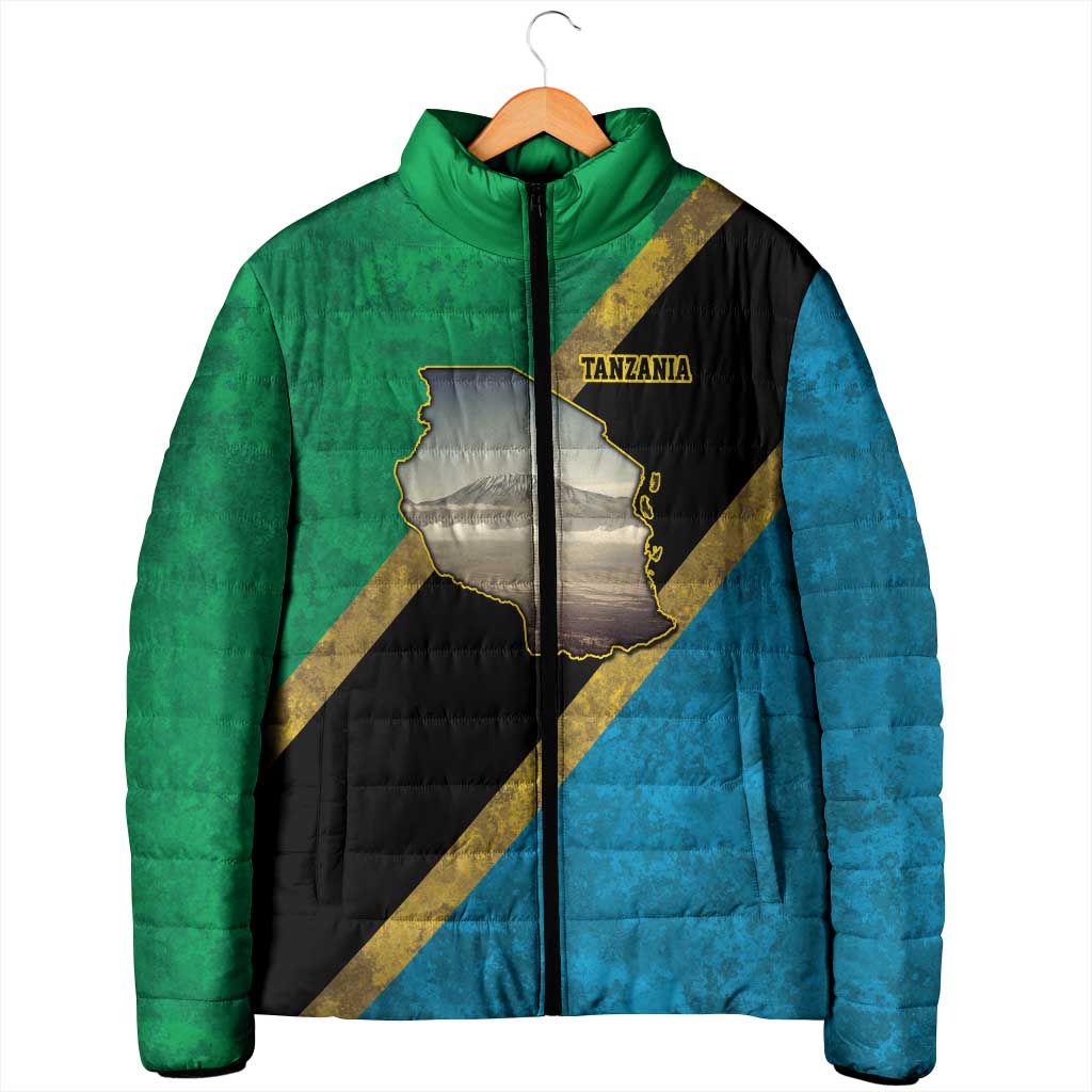 African Volcano Kilimanjaro Tanzania Padded Jacket Grunge Flag Map of Tanzania