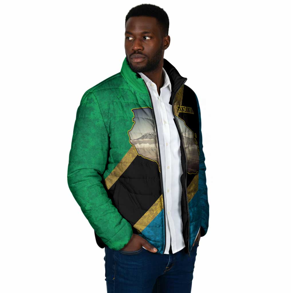 African Volcano Kilimanjaro Tanzania Padded Jacket Grunge Flag Map of Tanzania