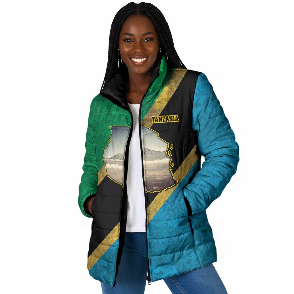 African Volcano Kilimanjaro Tanzania Padded Jacket Grunge Flag Map of Tanzania