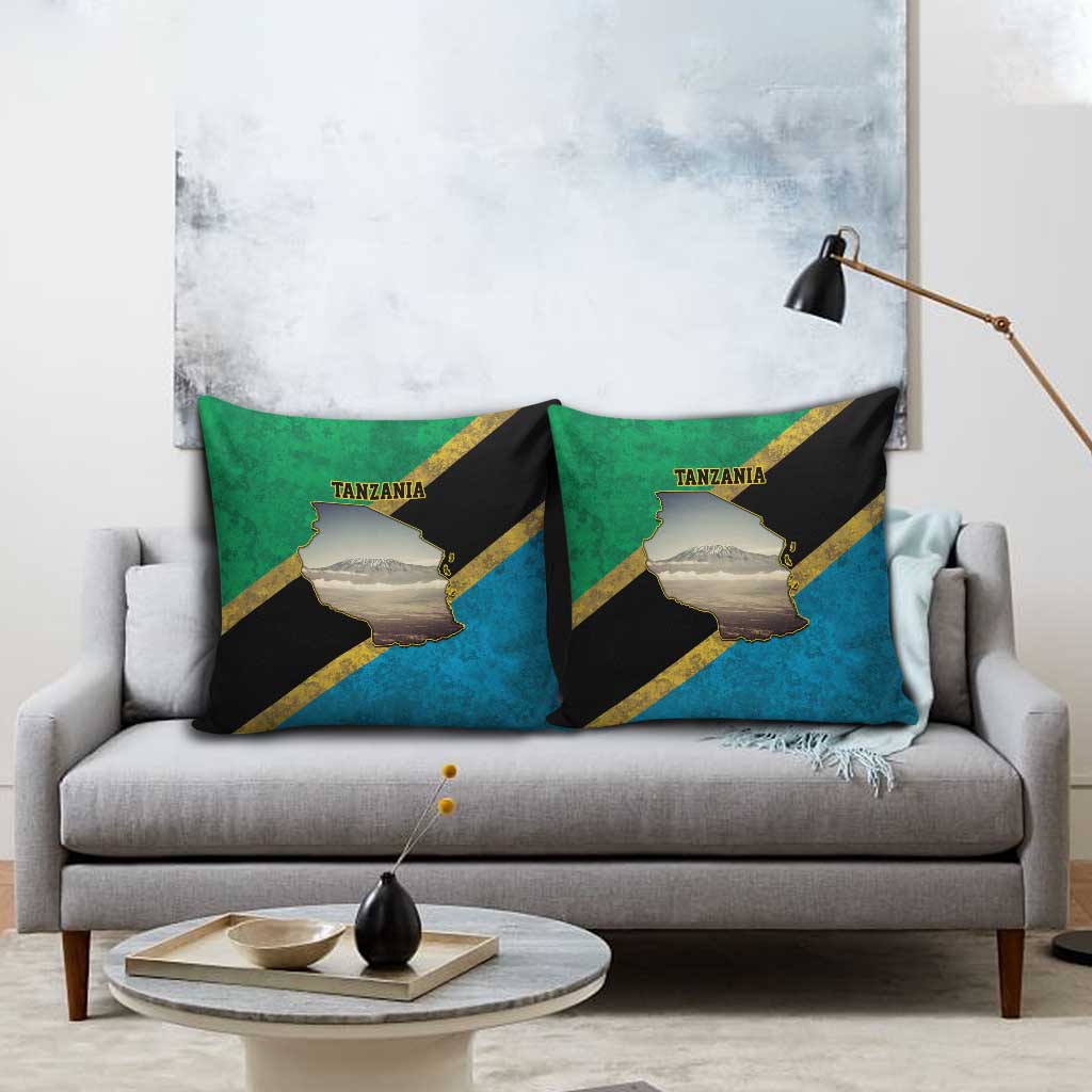 African Volcano Kilimanjaro Tanzania Pillow Cover Grunge Flag Map of Tanzania