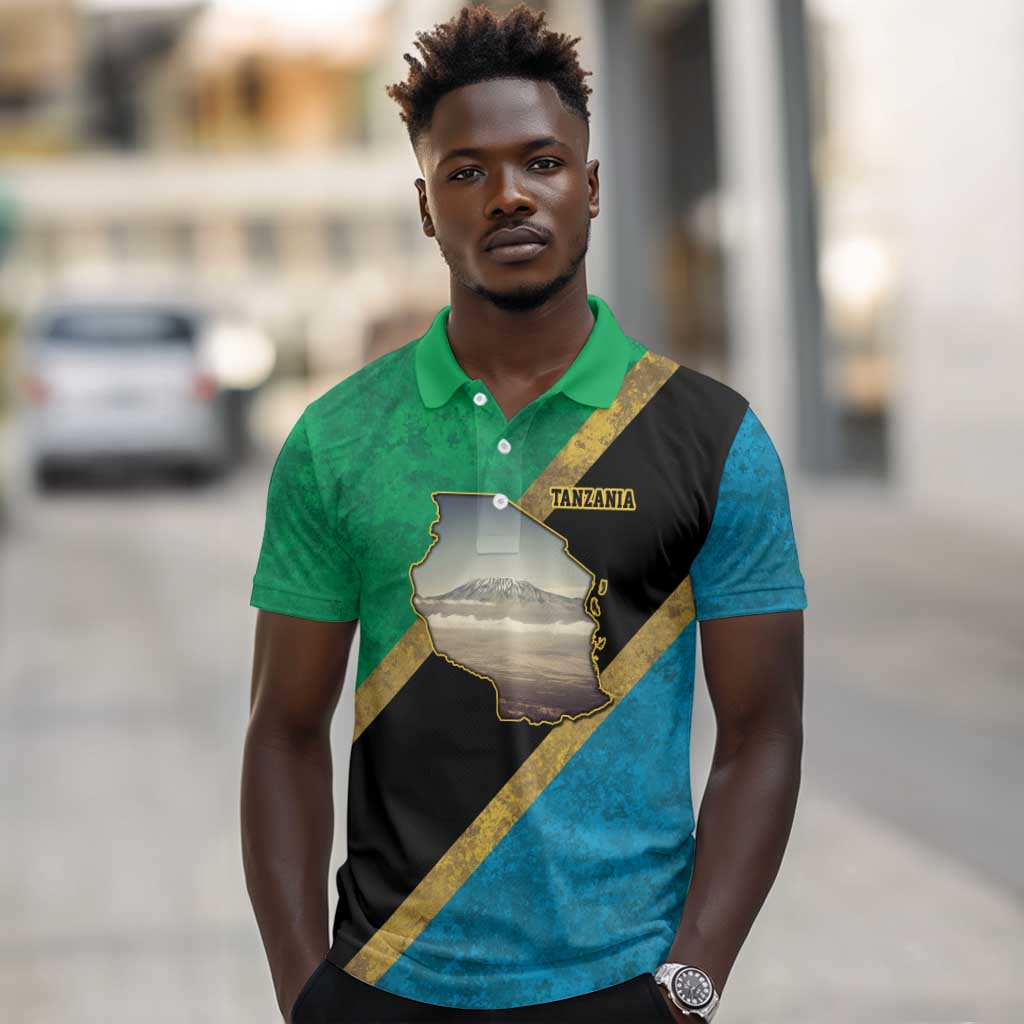 African Volcano Kilimanjaro Tanzania Polo Shirt Grunge Flag Map of Tanzania - African Pride