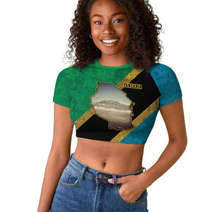 African Volcano Kilimanjaro Tanzania Raglan Cropped T shirt Grunge Flag Map of Tanzania - African Pride