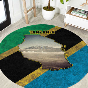 African Volcano Kilimanjaro Tanzania Round Carpet Grunge Flag Map of Tanzania - African Pride