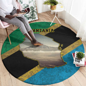 African Volcano Kilimanjaro Tanzania Round Carpet Grunge Flag Map of Tanzania - African Pride