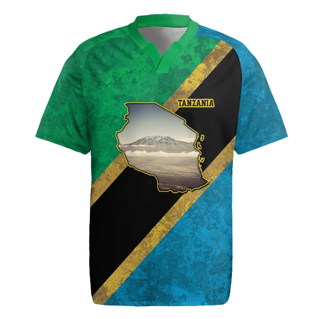 African Volcano Kilimanjaro Tanzania Rugby Jersey Grunge Flag Map of Tanzania - African Pride