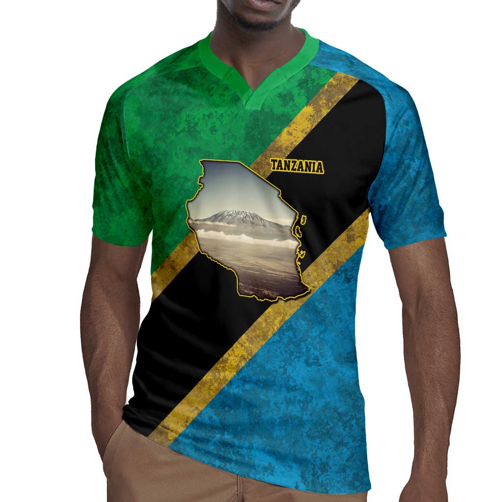 African Volcano Kilimanjaro Tanzania Rugby Jersey Grunge Flag Map of Tanzania - African Pride