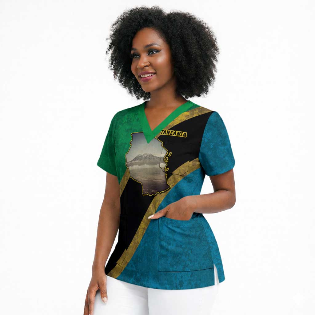 African Volcano Kilimanjaro Tanzania Scrub Top Grunge Flag Map of Tanzania