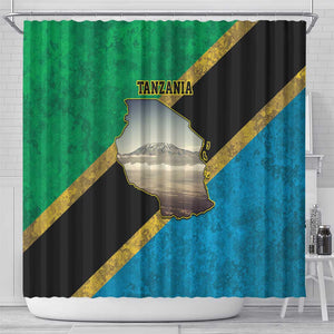 African Volcano Kilimanjaro Tanzania Shower Curtain Grunge Flag Map of Tanzania - African Pride