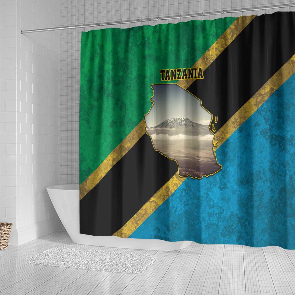 African Volcano Kilimanjaro Tanzania Shower Curtain Grunge Flag Map of Tanzania - African Pride