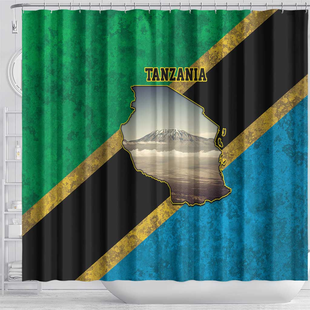 African Volcano Kilimanjaro Tanzania Shower Curtain Grunge Flag Map of Tanzania - African Pride