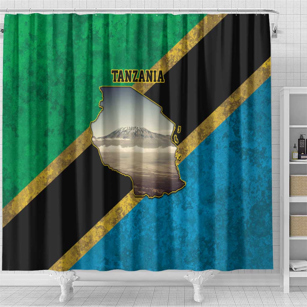 African Volcano Kilimanjaro Tanzania Shower Curtain Grunge Flag Map of Tanzania - African Pride