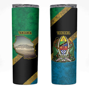 African Volcano Kilimanjaro Tanzania Skinny Tumbler Grunge Flag Map of Tanzania - African Pride