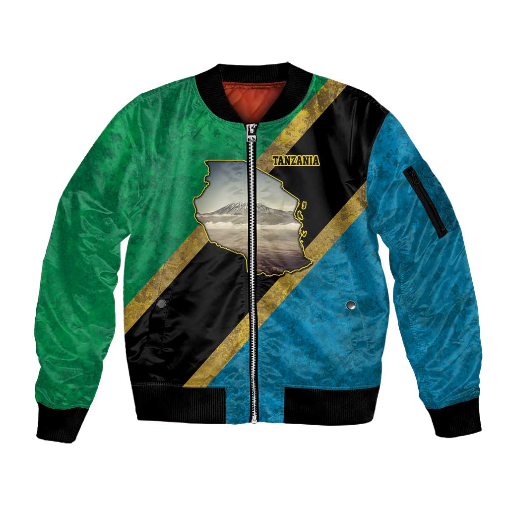 African Volcano Kilimanjaro Tanzania Sleeve Zip Bomber Jacket Grunge Flag Map of Tanzania - African Pride