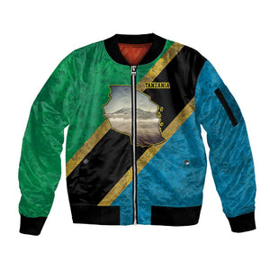African Volcano Kilimanjaro Tanzania Sleeve Zip Bomber Jacket Grunge Flag Map of Tanzania - African Pride