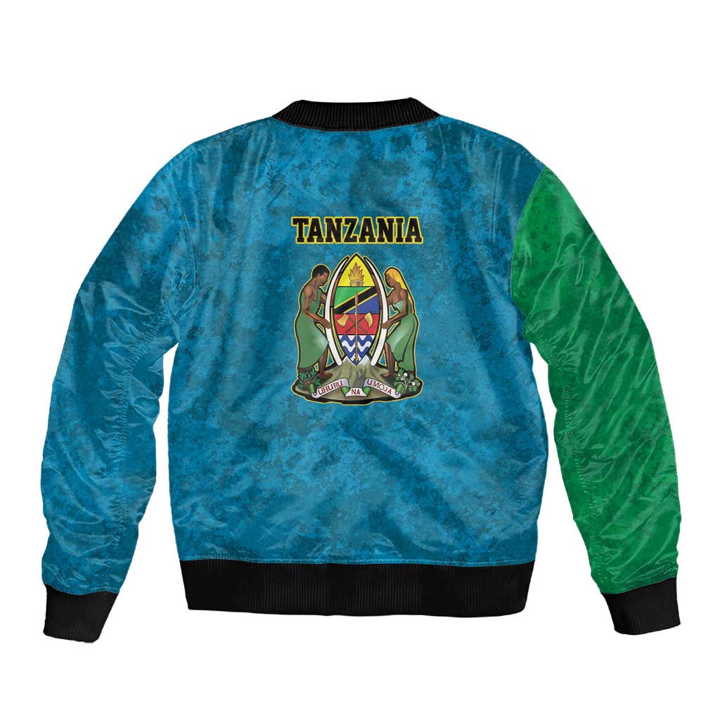 African Volcano Kilimanjaro Tanzania Sleeve Zip Bomber Jacket Grunge Flag Map of Tanzania - African Pride