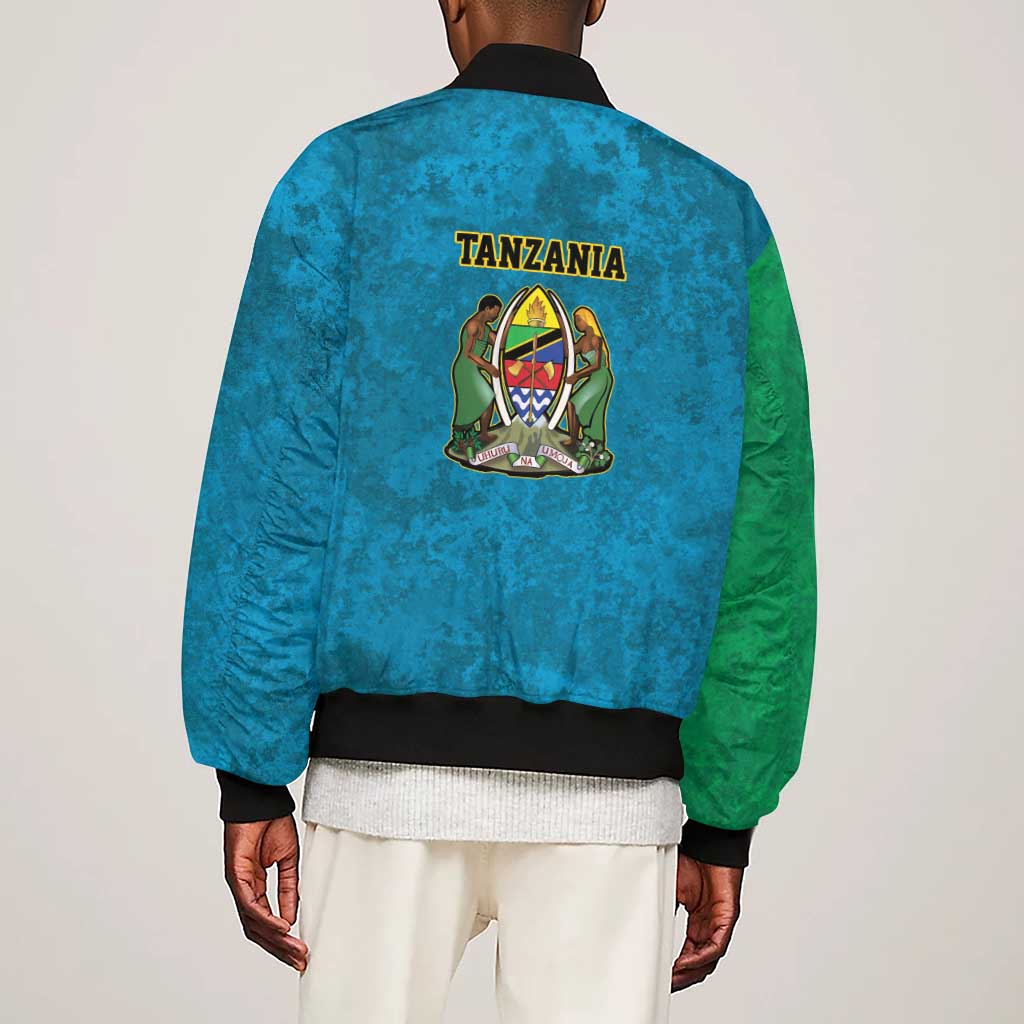 African Volcano Kilimanjaro Tanzania Sleeve Zip Bomber Jacket Grunge Flag Map of Tanzania - African Pride