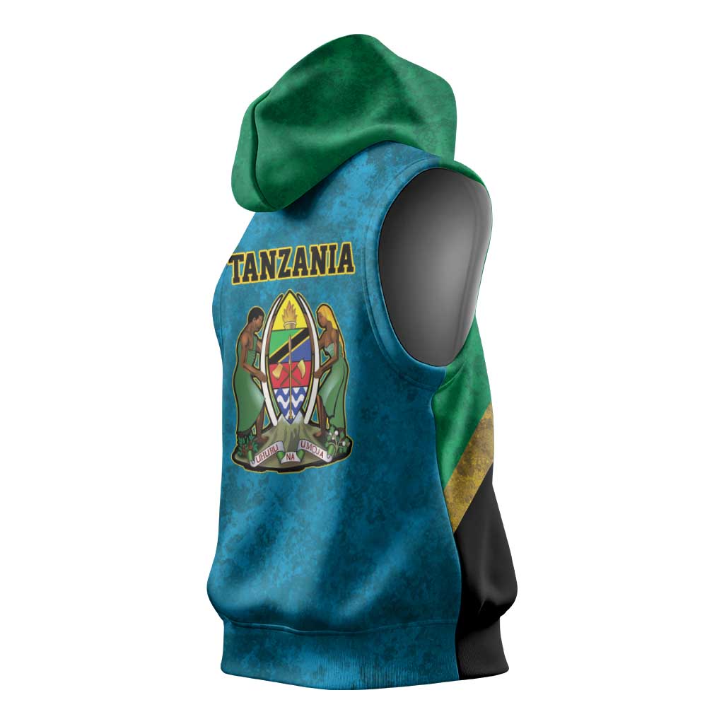 African Volcano Kilimanjaro Tanzania Sleeveless Hoodie Grunge Flag Map of Tanzania - African Pride