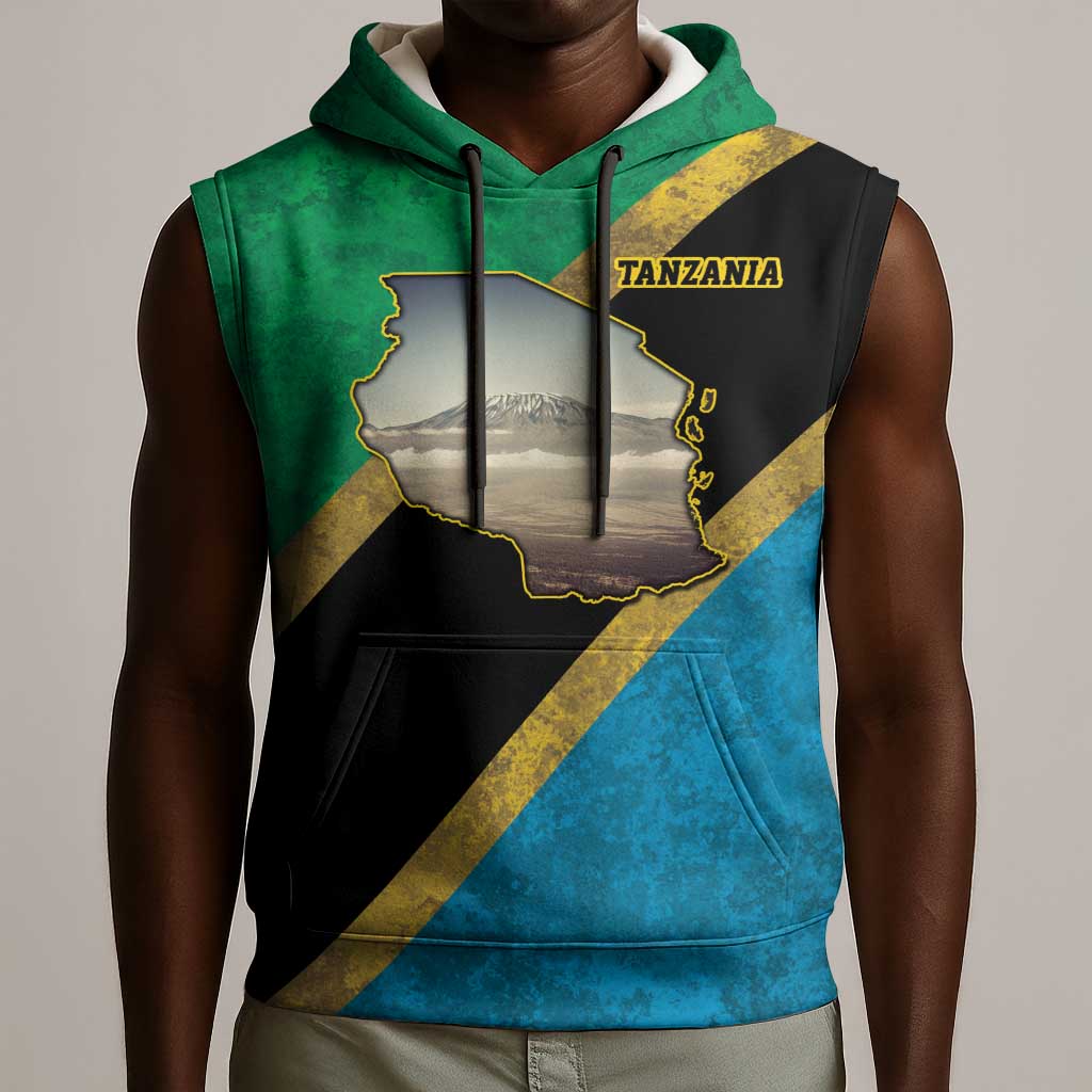 African Volcano Kilimanjaro Tanzania Sleeveless Hoodie Grunge Flag Map of Tanzania - African Pride