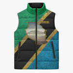 African Volcano Kilimanjaro Tanzania Sleeveless Puffer Jacket Grunge Flag Map of Tanzania