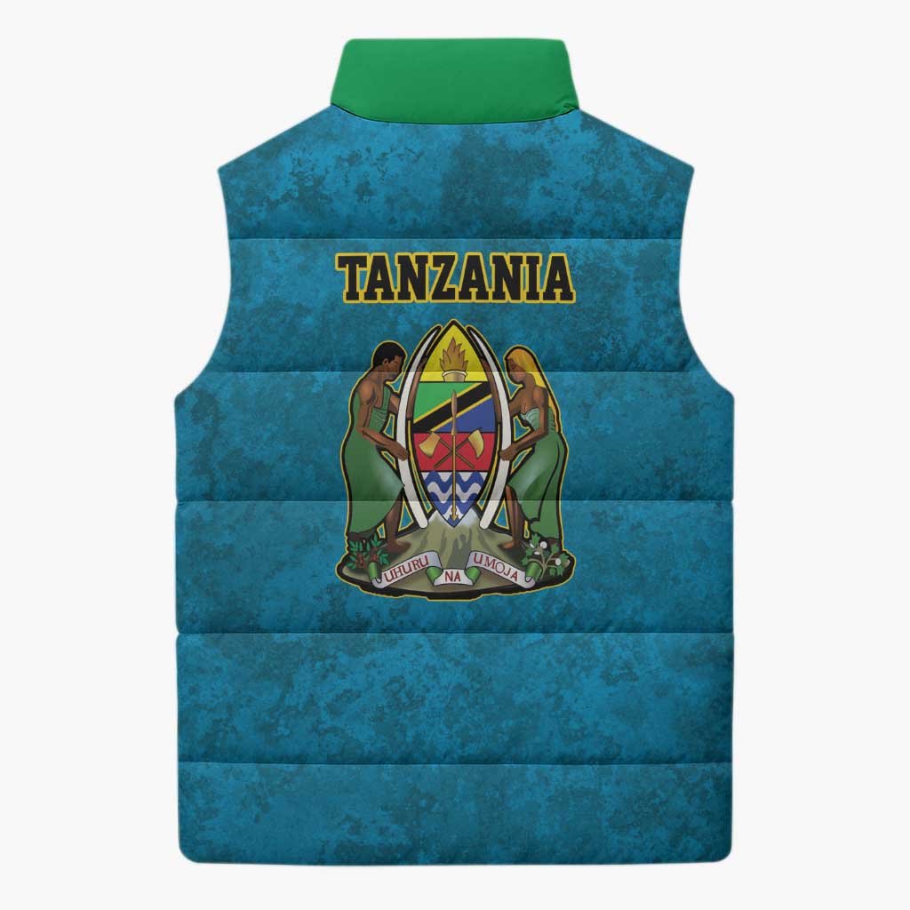 African Volcano Kilimanjaro Tanzania Sleeveless Puffer Jacket Grunge Flag Map of Tanzania