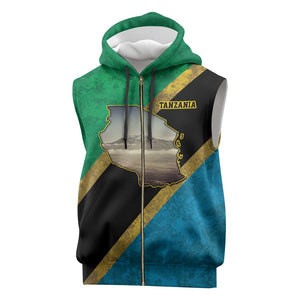 African Volcano Kilimanjaro Tanzania Sleeveless Zip Hoodie Grunge Flag Map of Tanzania - African Pride