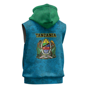 African Volcano Kilimanjaro Tanzania Sleeveless Zip Hoodie Grunge Flag Map of Tanzania - African Pride