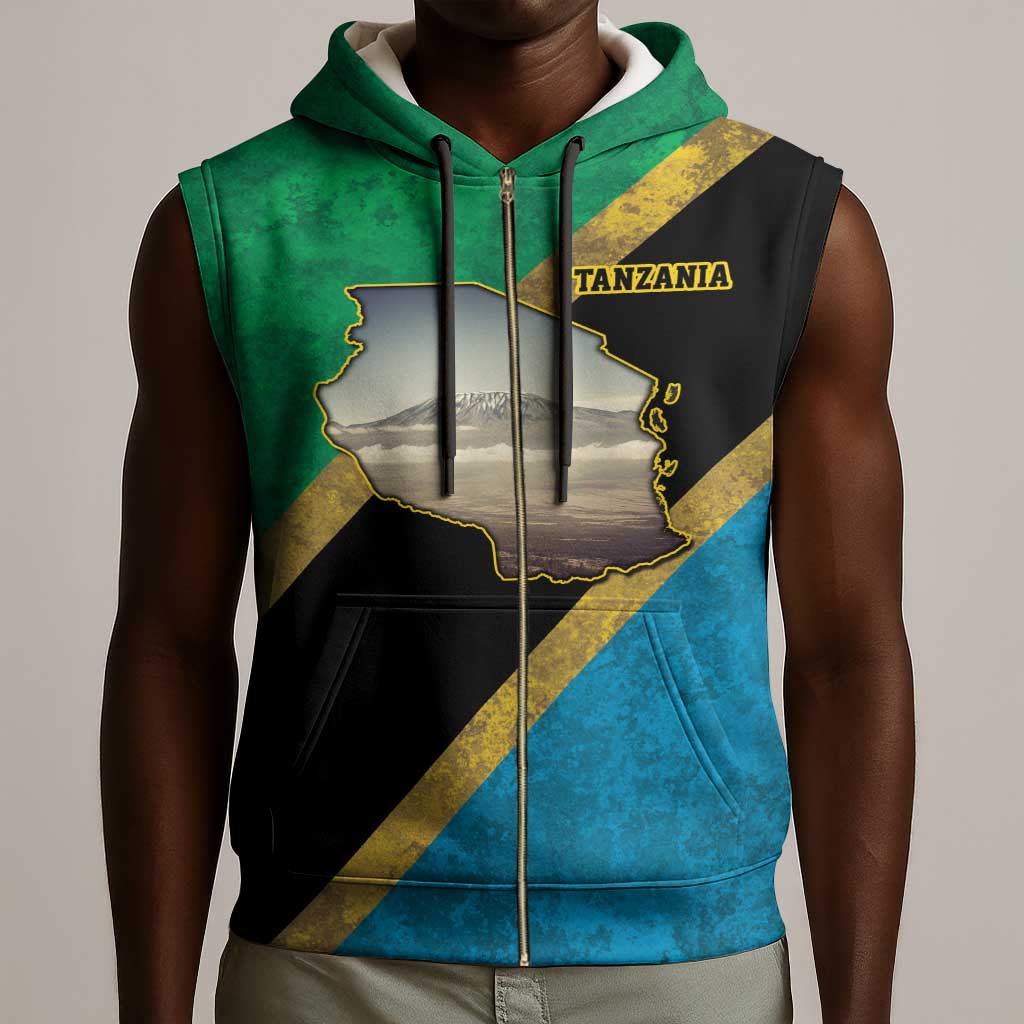African Volcano Kilimanjaro Tanzania Sleeveless Zip Hoodie Grunge Flag Map of Tanzania - African Pride