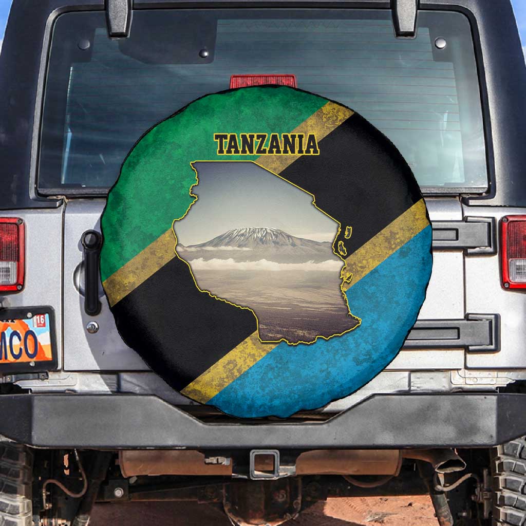 African Volcano Kilimanjaro Tanzania Spare Tire Cover Grunge Flag Map of Tanzania - African Pride