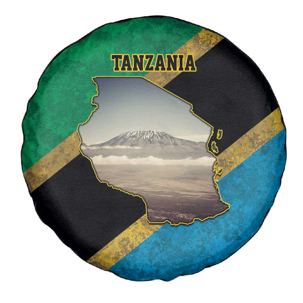 African Volcano Kilimanjaro Tanzania Spare Tire Cover Grunge Flag Map of Tanzania - African Pride