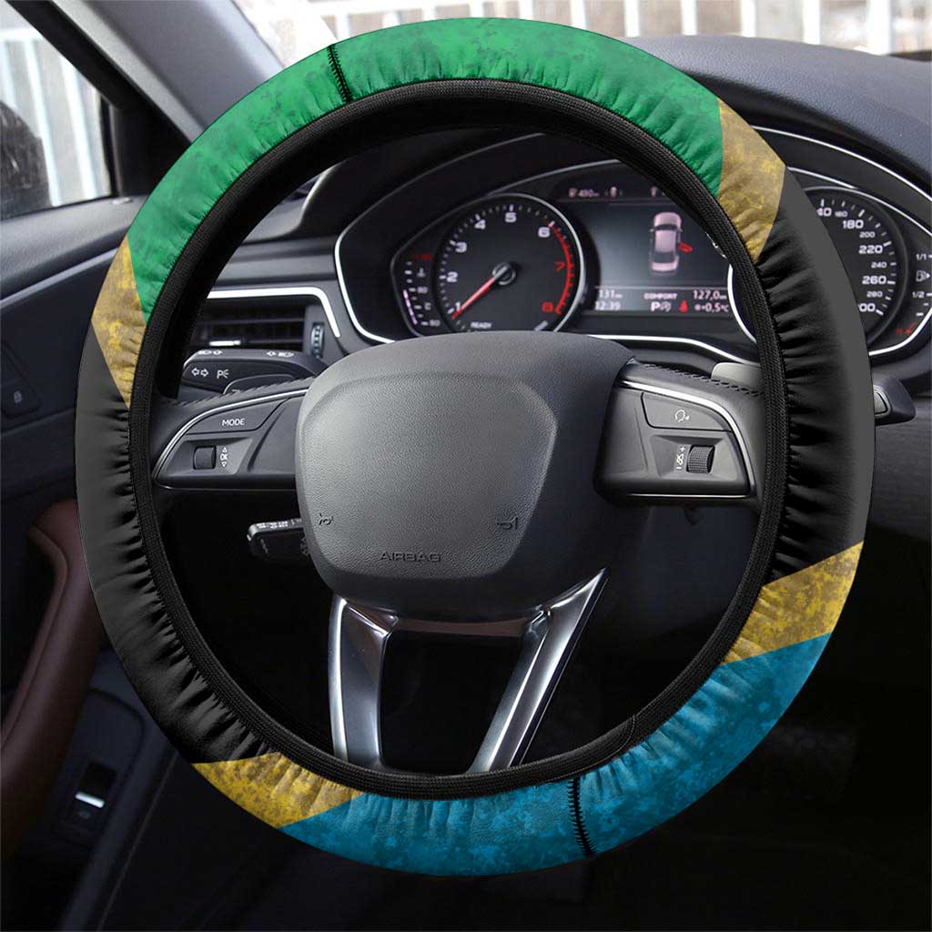 African Volcano Kilimanjaro Tanzania Steering Wheel Cover Grunge Flag Map of Tanzania - African Pride