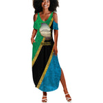 African Volcano Kilimanjaro Tanzania Summer Maxi Dress Grunge Flag Map of Tanzania - African Pride