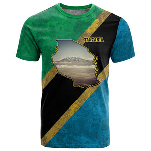 African Volcano Kilimanjaro Tanzania T shirt Grunge Flag Map of Tanzania - African Pride