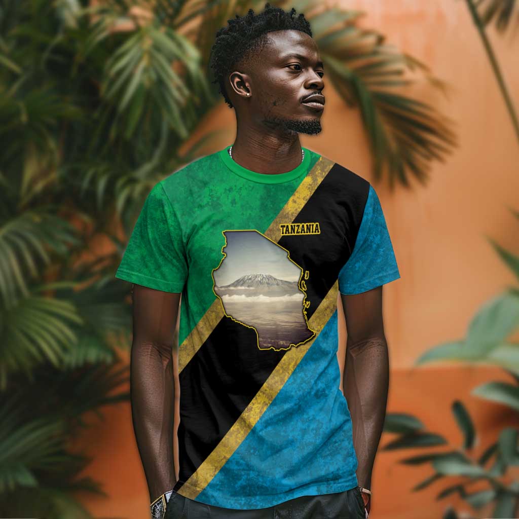 African Volcano Kilimanjaro Tanzania T shirt Grunge Flag Map of Tanzania - African Pride