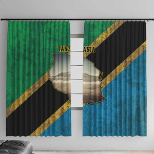 African Volcano Kilimanjaro Tanzania Window Curtain Grunge Flag Map of Tanzania - African Pride