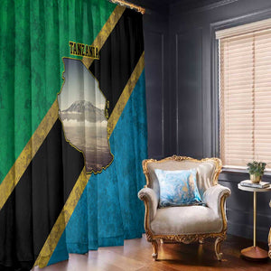 African Volcano Kilimanjaro Tanzania Window Curtain Grunge Flag Map of Tanzania - African Pride