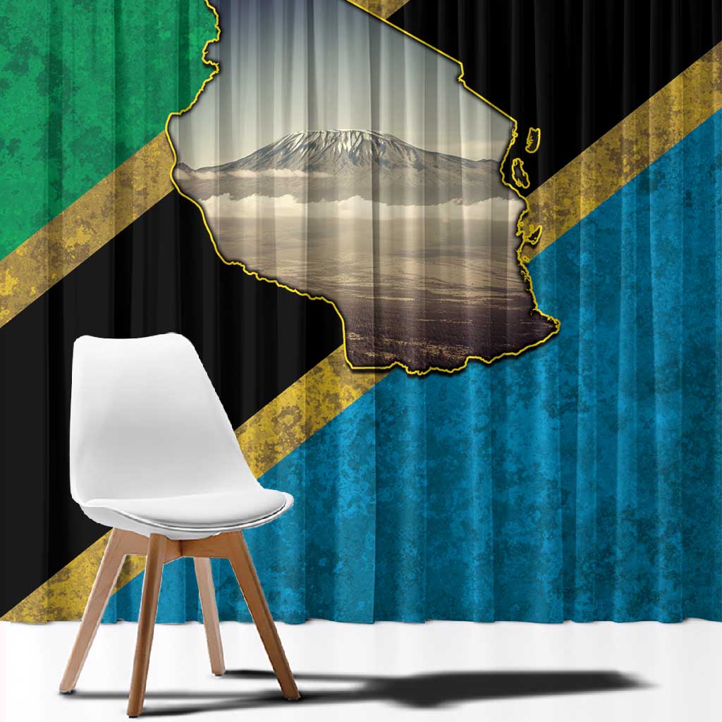 African Volcano Kilimanjaro Tanzania Window Curtain Grunge Flag Map of Tanzania - African Pride