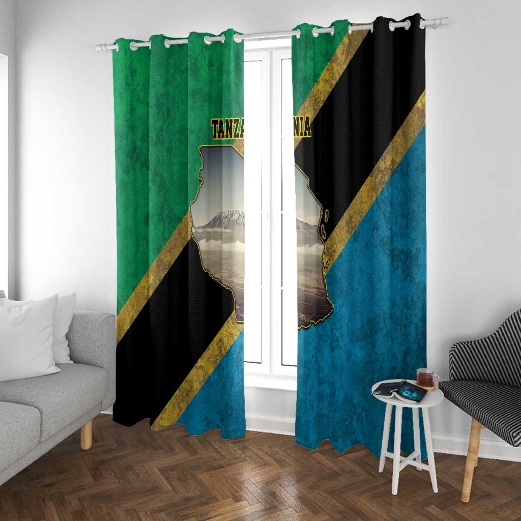 African Volcano Kilimanjaro Tanzania Window Curtain Grunge Flag Map of Tanzania - African Pride