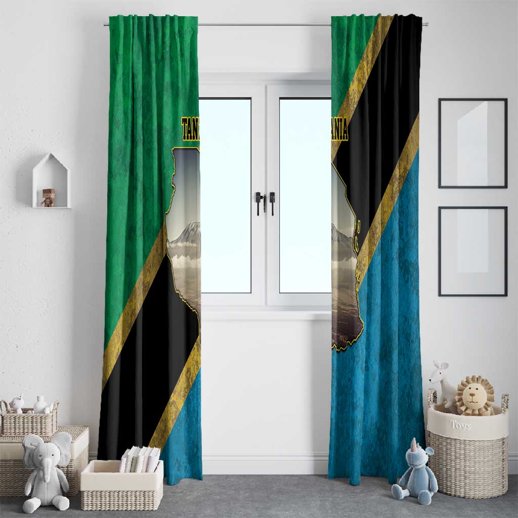 African Volcano Kilimanjaro Tanzania Window Curtain Grunge Flag Map of Tanzania - African Pride