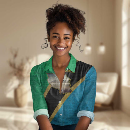 African Volcano Kilimanjaro Tanzania Women Casual Shirt Grunge Flag Map of Tanzania - African Pride