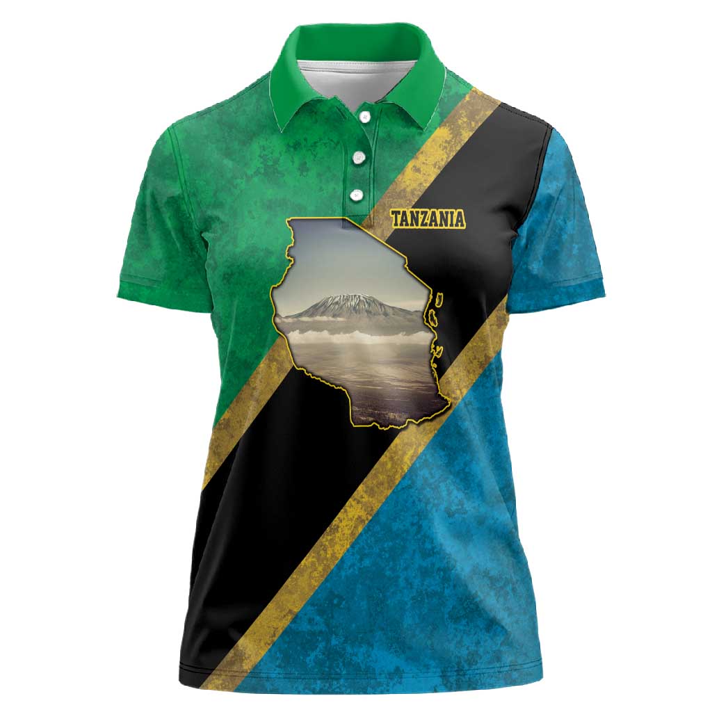 African Volcano Kilimanjaro Tanzania Women Polo Shirt Grunge Flag Map of Tanzania - African Pride