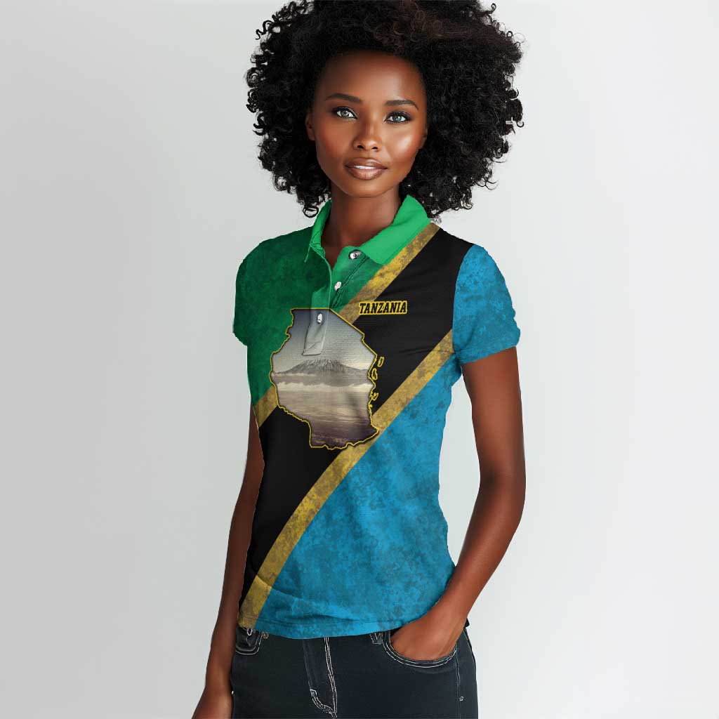 African Volcano Kilimanjaro Tanzania Women Polo Shirt Grunge Flag Map of Tanzania - African Pride