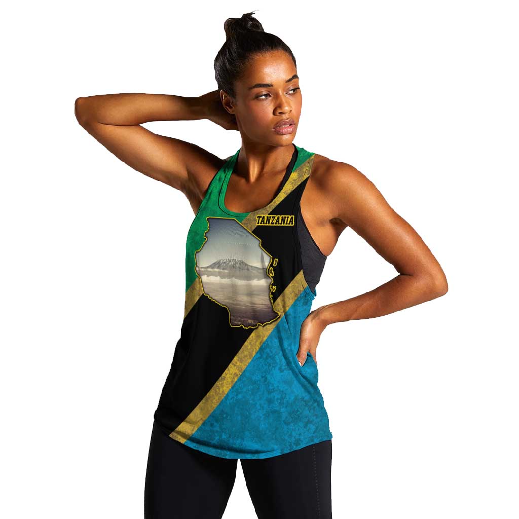 African Volcano Kilimanjaro Tanzania Women Racerback Tank Grunge Flag Map of Tanzania - African Pride