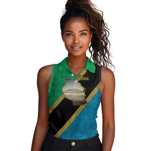 African Volcano Kilimanjaro Tanzania Women Sleeveless Polo Shirt Grunge Flag Map of Tanzania - African Pride