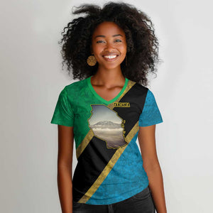African Volcano Kilimanjaro Tanzania Women V-Neck T-Shirt Grunge Flag Map of Tanzania - African Pride