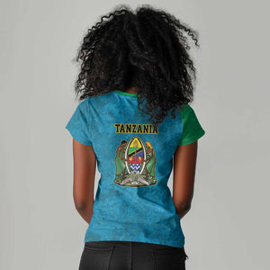 African Volcano Kilimanjaro Tanzania Women V-Neck T-Shirt Grunge Flag Map of Tanzania - African Pride