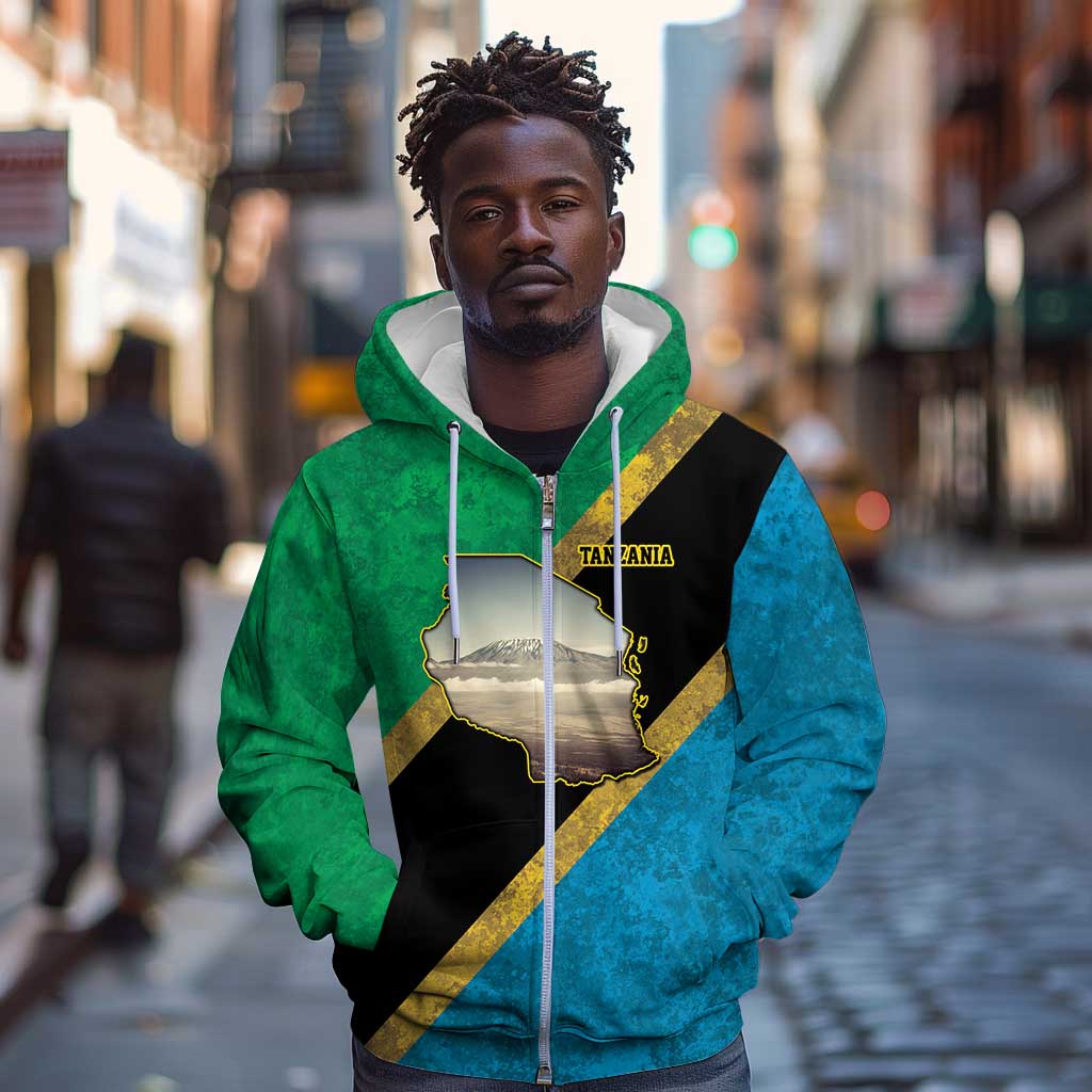 African Volcano Kilimanjaro Tanzania Zip Hoodie Grunge Flag Map of Tanzania - African Pride