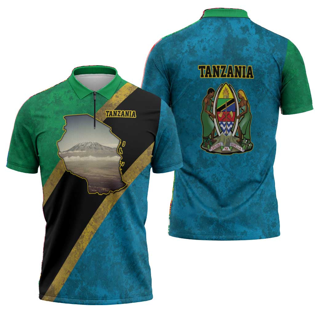 African Volcano Kilimanjaro Tanzania Zipper Polo Shirt Grunge Flag Map of Tanzania