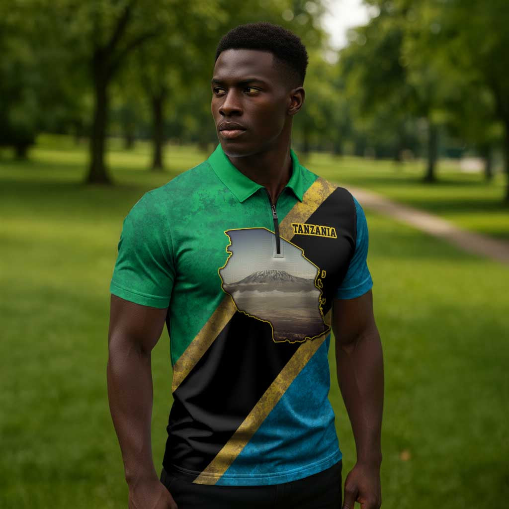 African Volcano Kilimanjaro Tanzania Zipper Polo Shirt Grunge Flag Map of Tanzania