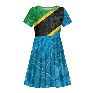 Tanzania 255 Kid Short Sleeve Dress African Mix Pattern Flag Motif - African Pride
